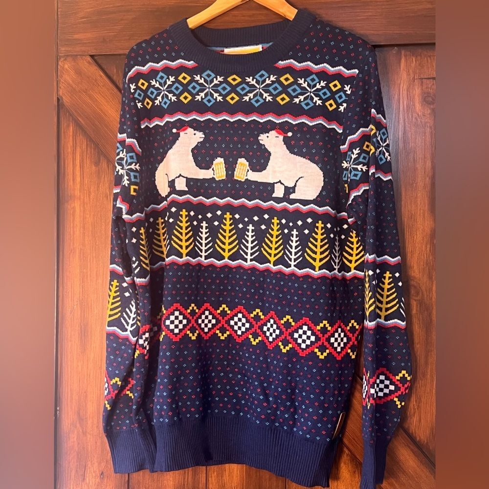 Tipsy Elves Navy Blue and Red Polar Bear with Beer Stein Christmas Sweater XXL